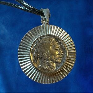 Genuine Vintage 1936 Buffalo Nickel Mounted Pendant on 18” Black Waxed Chain